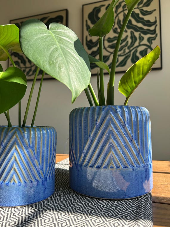 Blue Ceramic Plant Pot: Modern Patterned Indoor Planter - Etsy