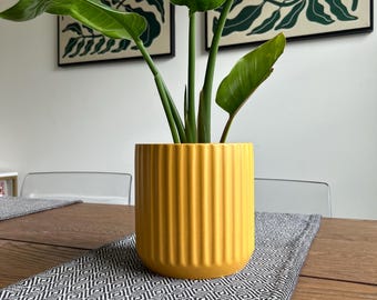 Mustard Yellow Ceramic Planter Pot: Textured Lines, Indoor Outdoor