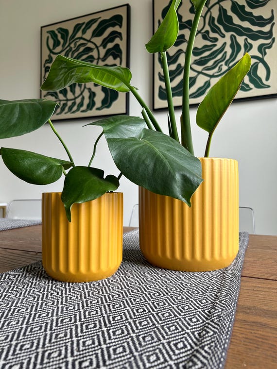 Mustard Yellow Ceramic Planter Pot: Textured Lines, Indoor Outdoor