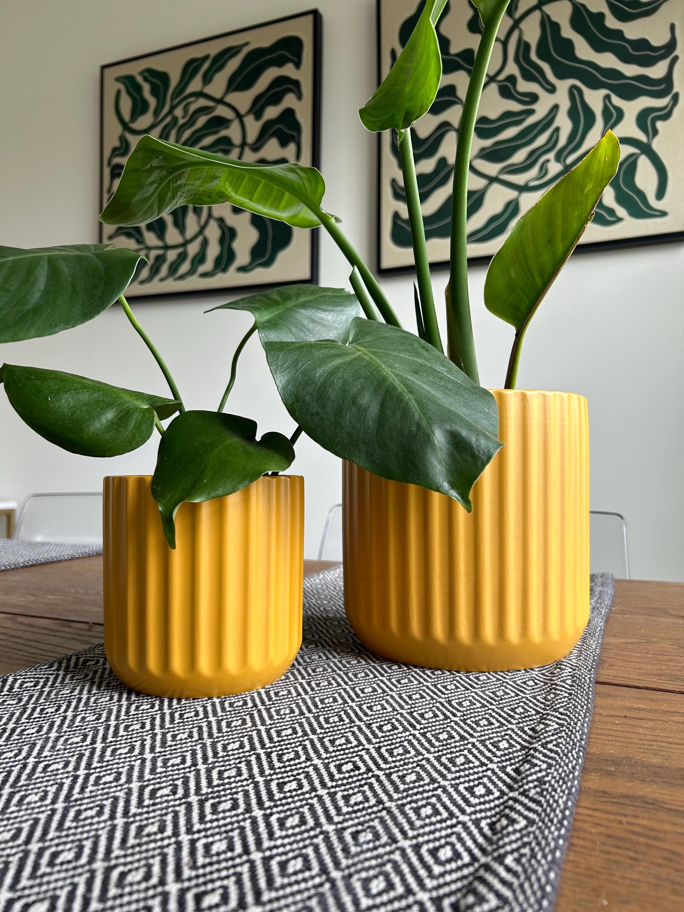 Mustard Yellow Ceramic Planter Pot: Textured Lines, Indoor Outdoor