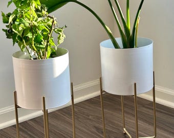 Modern White Metal Planter Pots on Gold Stands