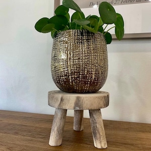 May include: A gold-colored, textured ceramic pot filled with green leafy plants sits on a small, round, three-legged wooden plant stand. The stand has a natural, weathered finish, and the pot has a grid-like pattern.
