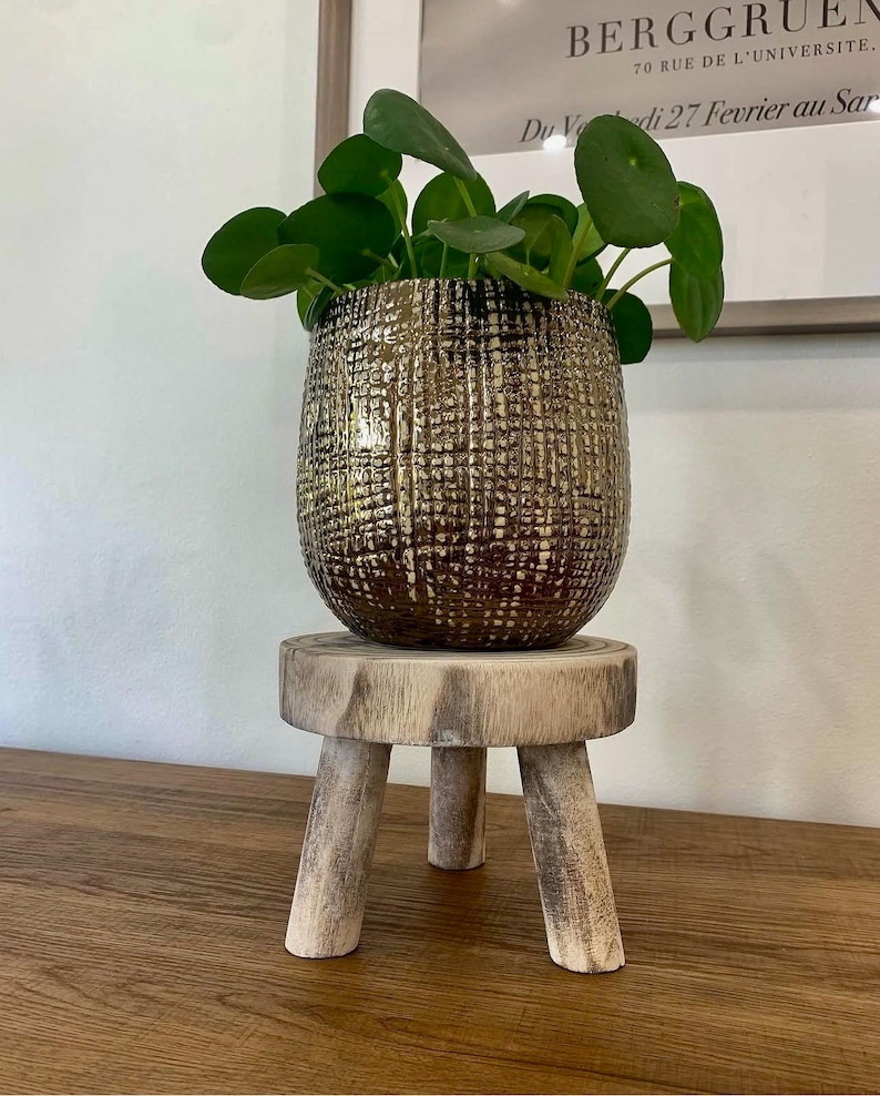 May include: A gold-colored, textured ceramic pot filled with green leafy plants sits on a small, round, three-legged wooden plant stand. The stand has a natural, weathered finish, and the pot has a grid-like pattern.