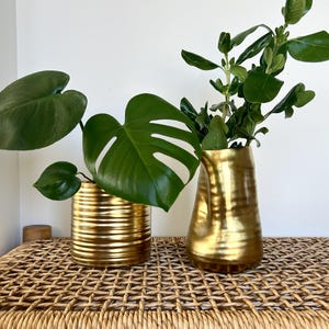 May include: Two gold vases with different textures, one with a ribbed design and the other with a hammered finish, hold green plants on a woven wicker surface.