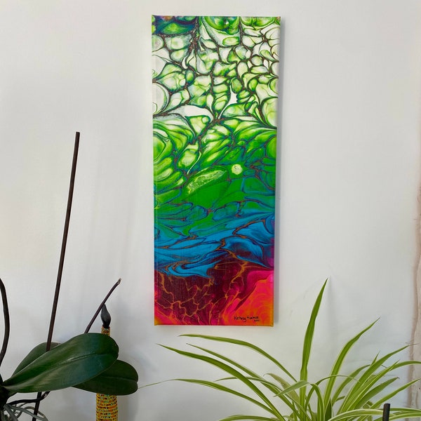 Tableau Acrylique Pouring sur toile tendue recyclé, Tableau abstrait contemporain, Amazonia 50*20*2cm