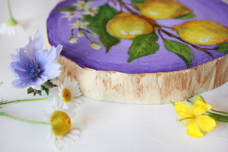 Painting Lemon on Wood Slice Original Painting Fruits on Wood Etsy