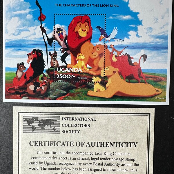 DISNEY'S The Lion King, limited edition stamp issue from Uganda, mint and unused with certificate of authenticity