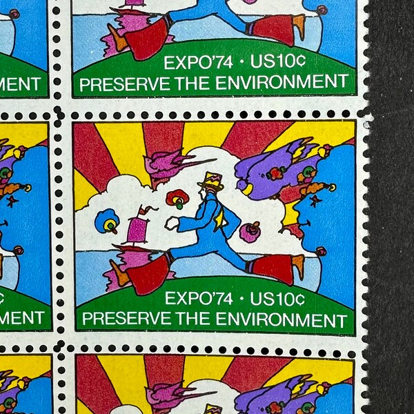 EXPO '74 Worlds Fair vintage U.S. Postage plate block stamps, "Preserve the Environment", full, mint unused plate block set of 16 stamps