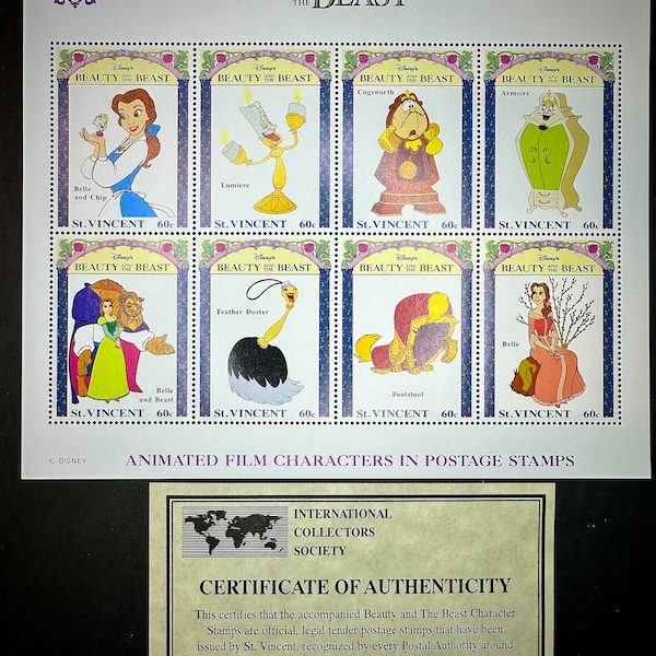 BEAUTY and the BEAST mint sheet of 8 stamps from St. Vincent, limited edition issue with Cert of Authenticity, Disney's loved characters