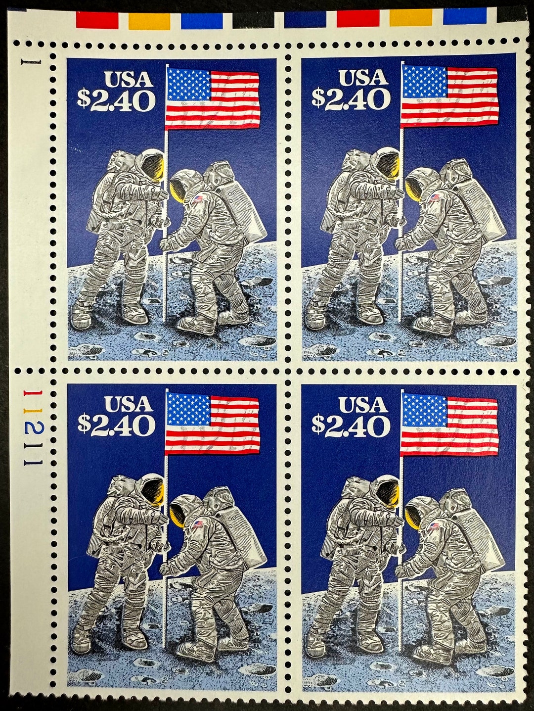 MOON LANDING Rare Vintage Postage Stamp Plate Block of 4, Mint, Unused and Valid Oversized 2