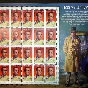 HUMPHREY BOGART stamp issue, full, mint and unused sheet of stamps from Legends of Hollywood USPS release in 1997, valid for use or framing.