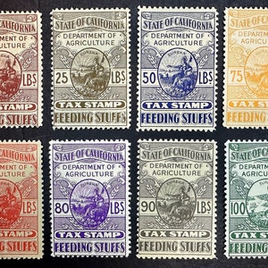 May include: Eight vintage tax stamps from the State of California Department of Agriculture. The stamps are printed on white paper with a light brown border. Each stamp features a different denomination: 10, 25, 50, 75, 60, 80, 90, and 100 pounds. The stamps are all in good condition and have a faded, vintage look.