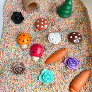 Puede incluir: Un contenedor sensorial lleno de arroz de colores y varios juguetes de madera, incluyendo un &aacute;rbol peque&ntilde;o, setas, mariquitas, flores y una maceta.