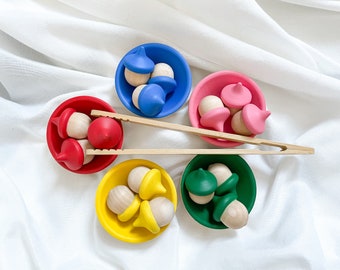 Wooden Colour Sorting Acorn Bowls - Montessori & Preschool Educational Toy Set