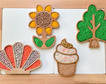 Bandejas sensoriales de madera - Juego con piezas sueltas - Invitación a jugar