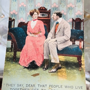 Peut inclure: Une carte postale vintage représentant un couple assis sur un canapé. La femme porte une robe rose et l'homme porte un costume gris. Le texte sur la carte postale dit : "Ils disent, ma chère, que les gens qui vivent ensemble finissent par se ressembler." "Alors tu dois considérer mon refus final."