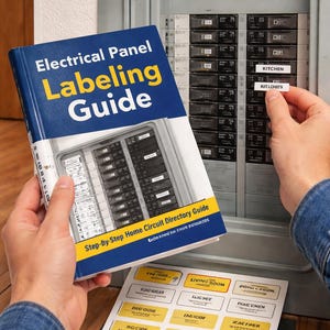 Puede incluir: Una guía de etiquetado de paneles eléctricos titulada "Electrical Panel Labeling Guide" se sostiene cerca de un panel eléctrico. La guía es azul y amarilla. También hay una hoja de etiquetas presente, con etiquetas como "Kitchen" y "Living Room".