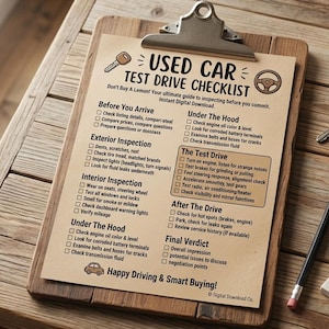 May include: A wooden clipboard with a "USED CAR TEST DRIVE CHECKLIST" printed on a tan paper. A coffee mug, car keys, pencil, eraser, and glasses are on a wooden table. The checklist includes sections for inspection.