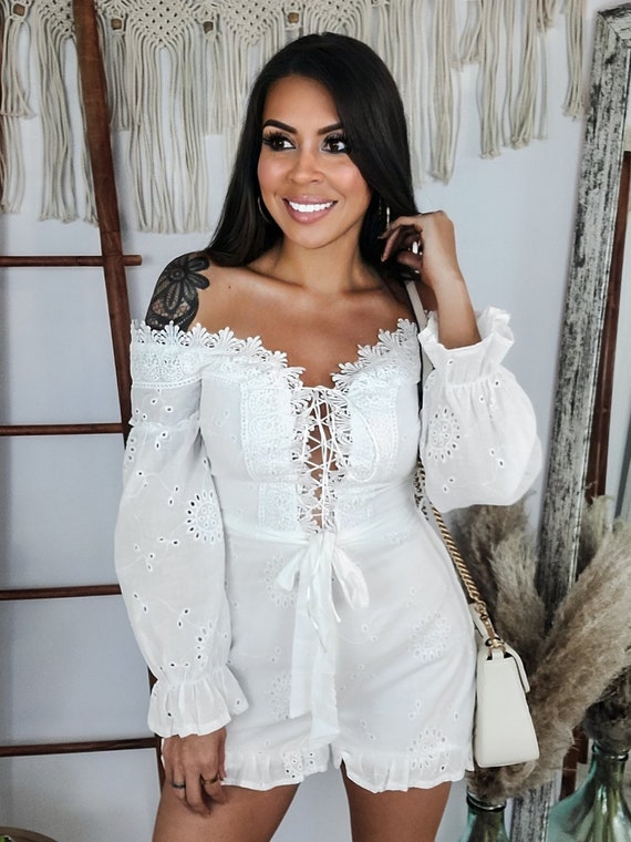 White Lace up Bardot Romper - Etsy