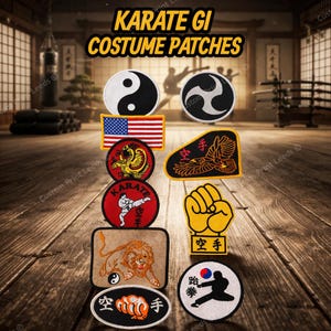 May include: A selection of Karate Gi costume patches. Designs include a yin-yang symbol, an American flag, a golden eagle, and a fist. The text "KARATE GI COSTUME PATCHES" is displayed at the top. Patches are in various shapes.