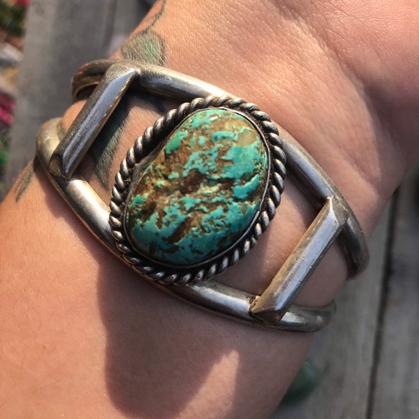 Oude pion vintage zware dikke handgemaakte turquoise sterling manchet