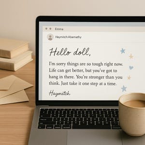 E-mail personalizado de personagem de conforto | Carta com mais de 1 mil palavras | Francês e Inglês | Amor e apoio entregues rapidamente