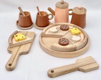 Play kitchen accessories, wooden tea set with play pizza set for toddler, wooden play pizza, wooden play food, wooden tea set toy, baby gift