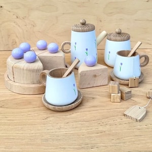 Wooden tea set for kids, wooden play kitchen accessories, pretend play, kitchen toy set dishes, toddler tea set, play kitchen dishes