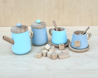 Wooden tea set for kids Pretend play kitchen toy set dishes Tea set for playing Eco friendly handmade wooden toys Infant wooden set gift