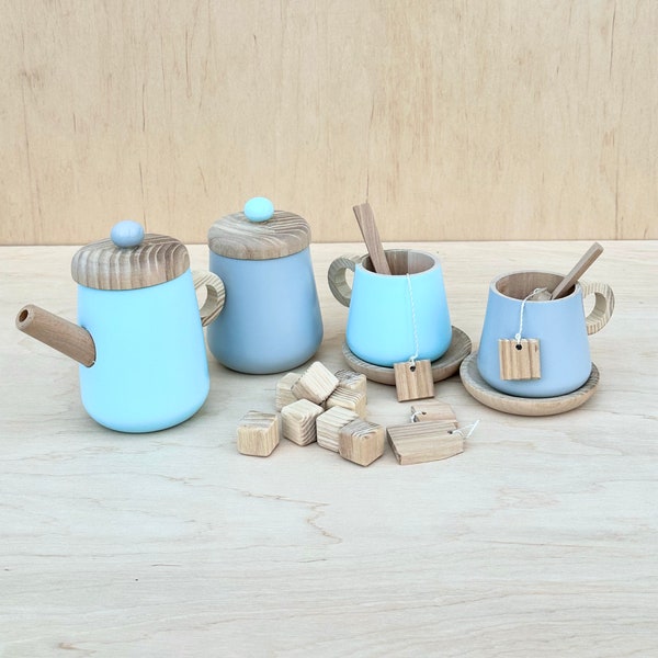 Wooden tea set for kids Pretend play kitchen toy set dishes Tea set for playing Eco friendly handmade wooden toys Infant wooden set gift