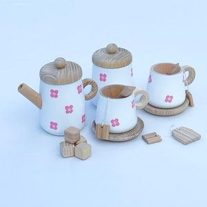 Wooden tea set for kids Pretend play kitchen toy set dishes Tea set for playing Eco friendly handmade wooden toys Infant wooden set gift