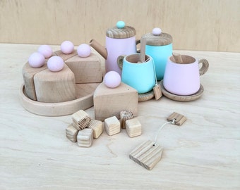 Pretend play dishes Wooden afternoon tea play set with wood cake toy Role playing games toddler gift Tea party set for toddler birthday gift