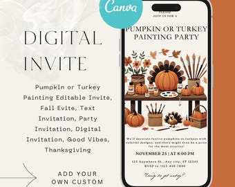Convite para festa de pintura de abóbora ou peru, Ação de Graças de outono (convite digital)