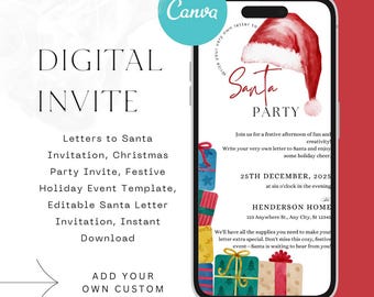 Convite editável em formato de carta do Papai Noel, convite para festa de Natal (download digital)