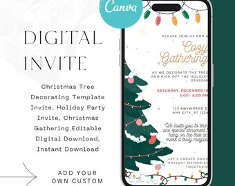 Convite para festa de decoração de árvore de Natal, modelo editável (download digital)