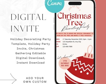 Convite para festa de decoração de árvore de Natal, modelo editável (download digital)