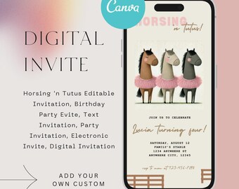 Convite de aniversário "Cavalgando e de Tutus", versão digital editável para festa (evite)