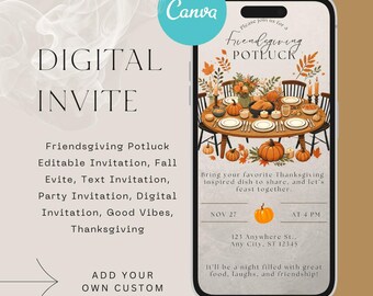 Convite para festa de Ação de Graças com amigos, convite editável de outono (convite digital)