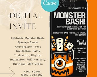 Convite editável para festa de monstros, aniversário assustador de Halloween (vídeo MP4)