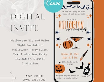 Evite a noite de Halloween com bebida e tinta, convite para festa com texto (download digital)