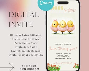 Convite de aniversário Chicks 'n Tutus, modelo Canva (download digital)