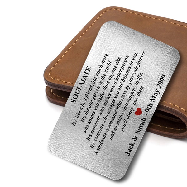 Personalised Soulmate - One Person Metal Card Wallet Insert Gift Sentimental Romantic Keepsake Gift