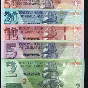 Current Zimbabwe Currency (2019 Present): 1/ea of New 2, 5, 10, 20 & 50 Dollar UNC Banknotes