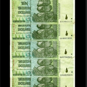 5 pcs x 10 Trillion Dollar Zimbabwe UNC Currency Banknotes (&quot;Zim&quot;) - 2008