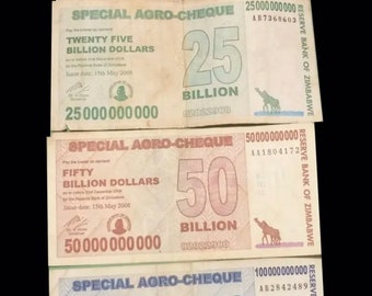 Zimbabwe Special Agro-Cheque Set (Banknotes): 5|25|50 & 100 Billion Zim 2008 Circulated
