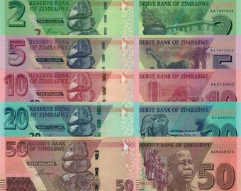 Current Zimbabwe Currency (2019 Present): 1/ea of New 2, 5, 10, 20 & 50 Dollar UNC Banknotes