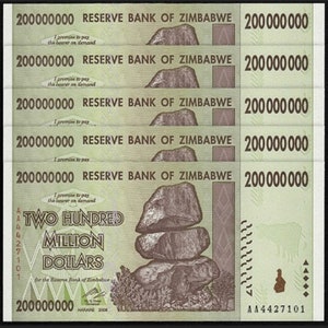 5 pcs x 200 Million Dollar (200,000,000) Zimbabwe CIR 2008 Banknotes P-82