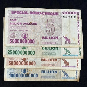 Zimbabwe Special Agro-Cheque Set: 5 , 25, 50 & 100 Billion 2008 Zim Banknotes (4-Notes)