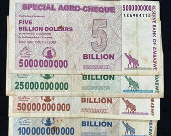 Zimbabwe Special Agro-Cheque Set: 5 , 25, 50 & 100 Billion 2008 Zim Banknotes (4-Notes)