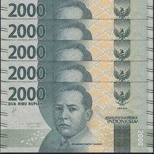 5 pcs x Indonesia 2,000 Rupiah UNC Banknotes (2016)
